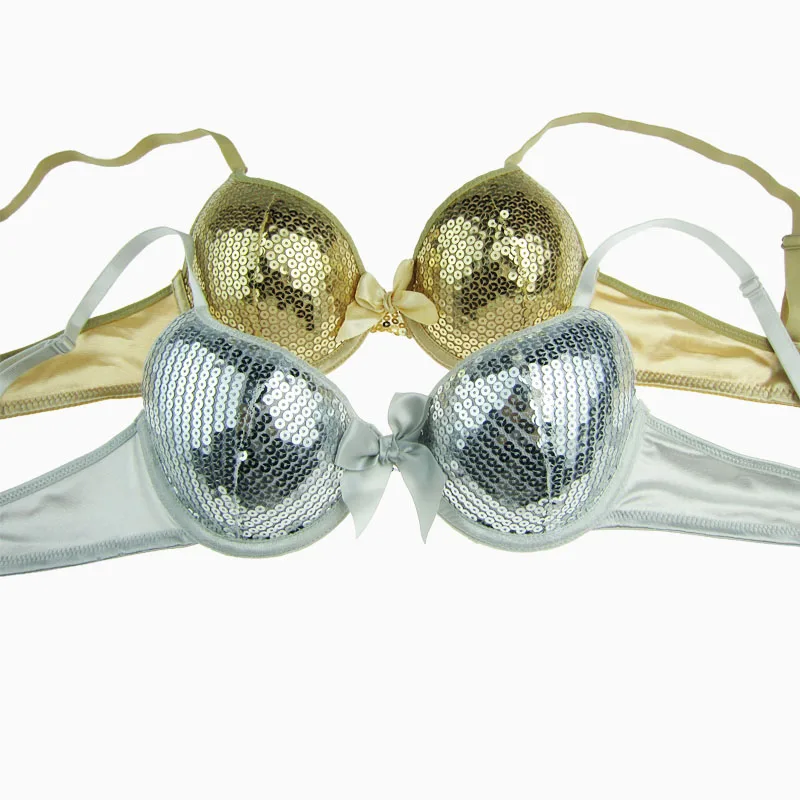 Женский бюстгальтер расшитый блестками с пуш ап и глубоким v образным вырезом