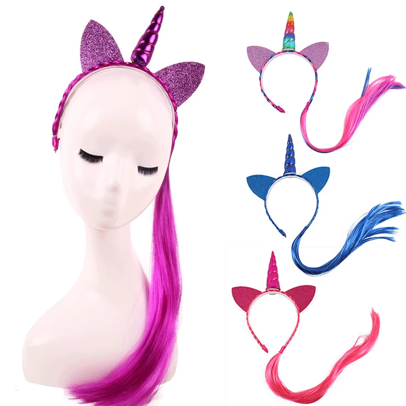 

10pcs/lot Rainbow Color Ponytail Unicorn Headbands Glitter Ears Kids Girls Princess Braid Wig Hairbands Hair Accessories