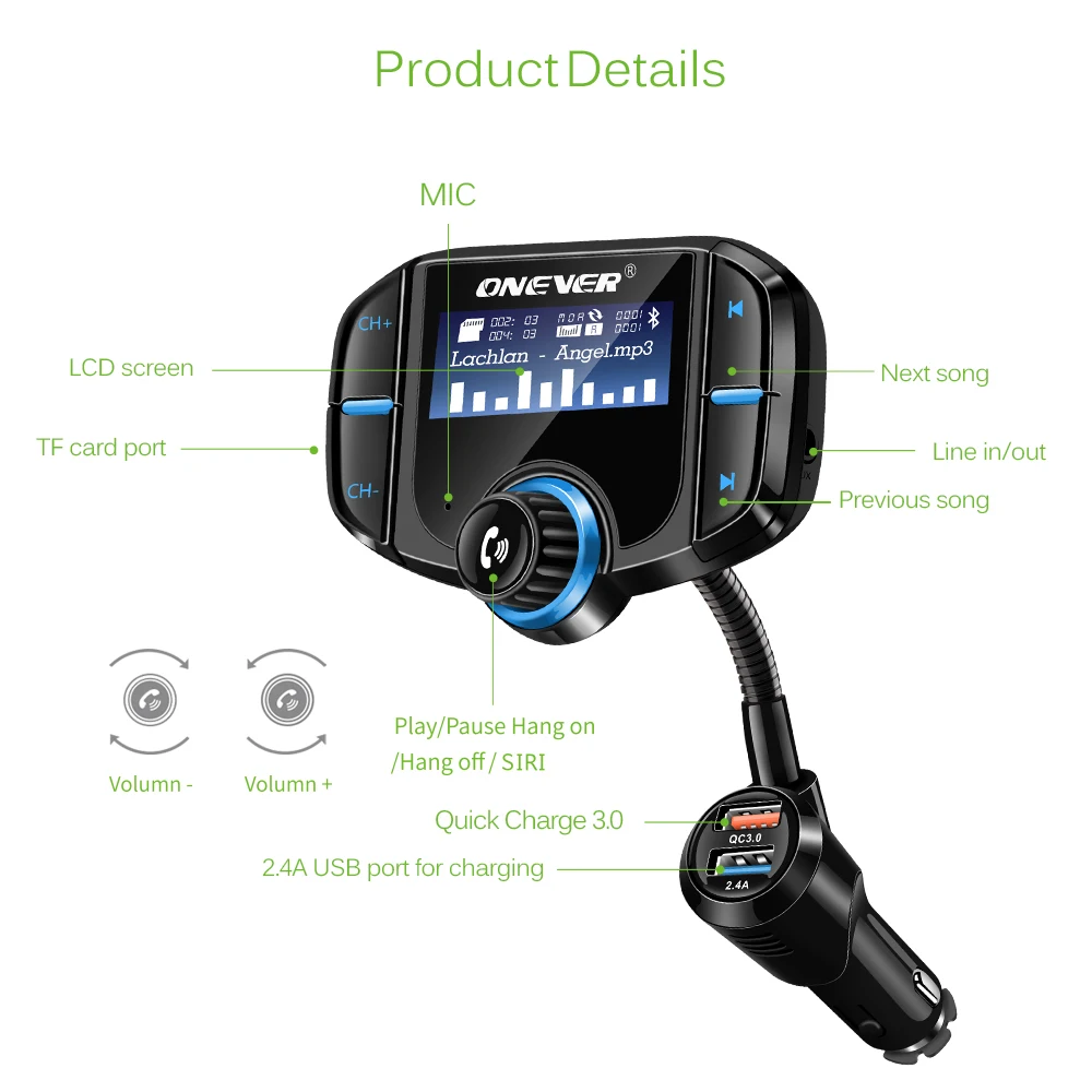 ONEVER Bluetooth fm передатчик MP3 плееры модулятор Автомобильный комплект с qc3.0 Dual USB