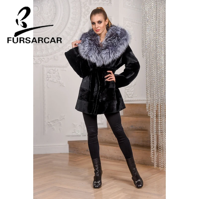 

FURSARCAR 2020 Luxury Real Rex Rabbit Fur Coat Women With Silver Fox Fur Hood Winter Warm Female Rex Rabbit Fur Coat