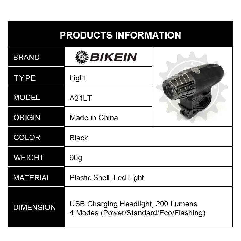 BIKEIN-супер яркий 200LM велосипедный светодиодный фонарь usb зарядка 4 режима Велоспорт велосипед Водонепроницаемый безопасности Фара фонарик лампа