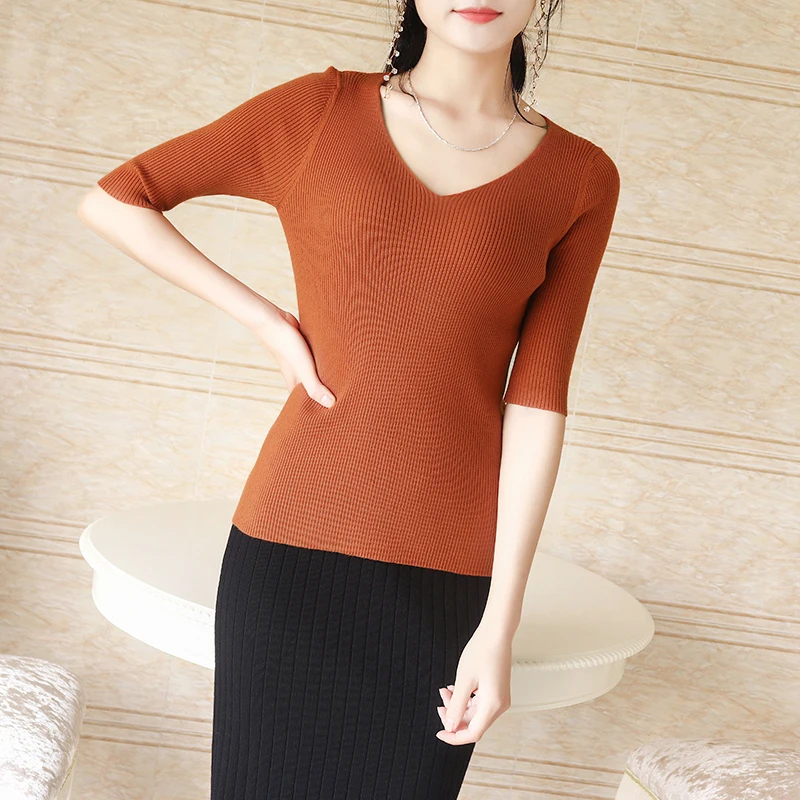 Knitting Womens Sweaters New Korean Bottom half Sleeve Black blue beige V-collar Winter Tops Sweater Women Thin Pullover Jumper | Женская