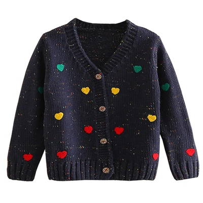 Navy Blue Mudkingdom/осенние свитера для девочек, Детский кардиган с v-образным вырезом и сердечками, верхняя одежда для девочек, вязаные весенние свитера - Цвет: Navy Blue