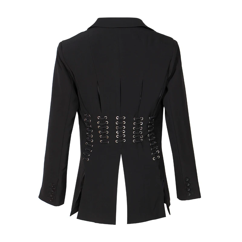 VGH Autumn Elegant Blazer For Women Lapel Collar Long Sleeve Bandages Split Slim Black Coat Female Fashion Clothes New
