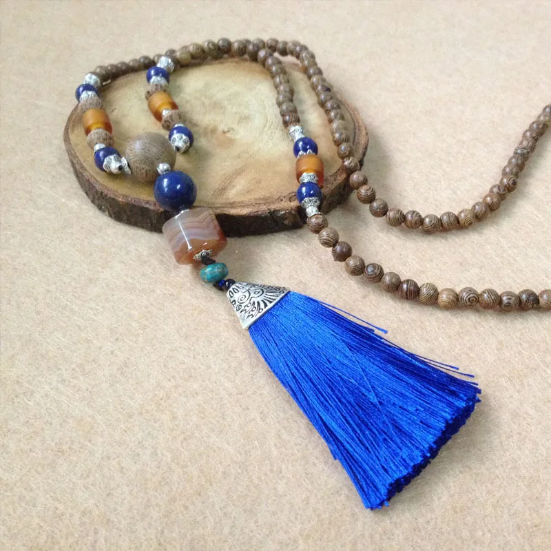 Рождеством зимний ветер Агат Ожерелье Кулон синий кисточкой Китайский свитер
