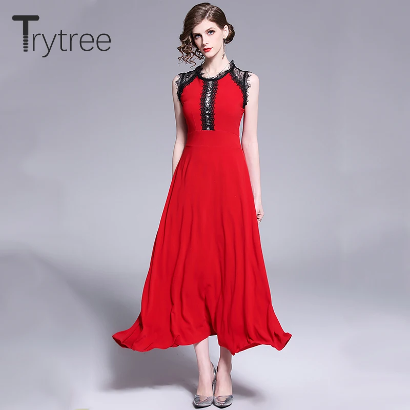 Trytree летнее уличное элегантное платье кружевное лоскутное женское без рукавов