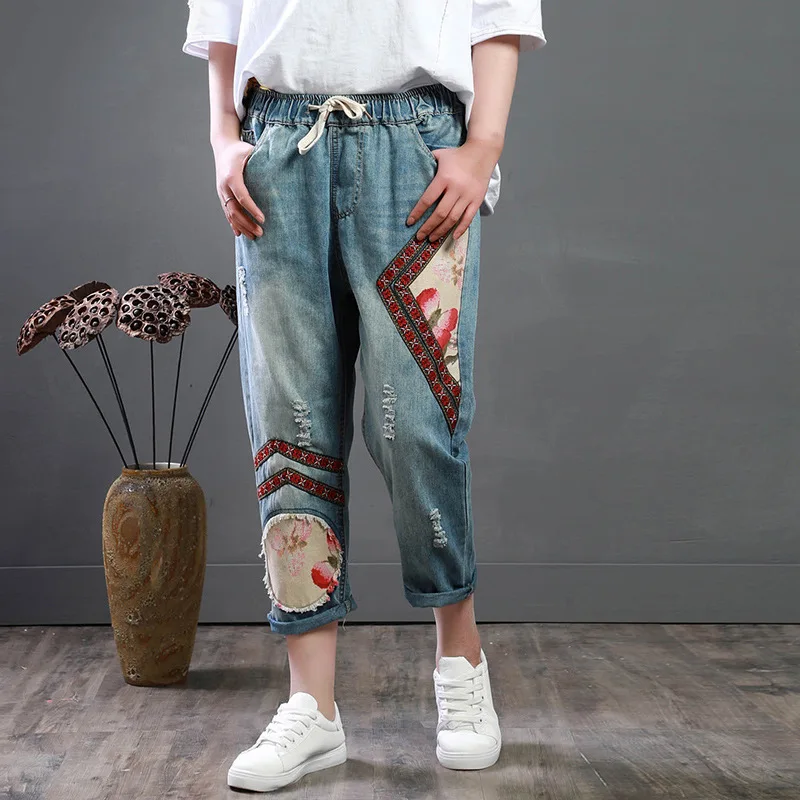 Patchwork QPFJQD винтажные ковбойские штаны-шаровары женские хлопковые джинсы в китайском стиле с цветочной вышивкой Женские джинсовые брюки с вышивкой - Цвет: Patchwork