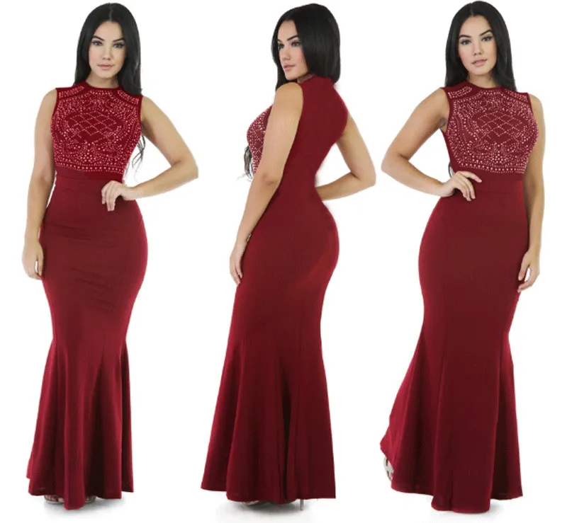 Сексуальное женское длинное облегающее платье без рукавов с бусинами летнее