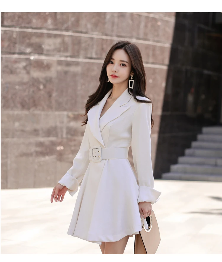 

New 2018 Autumn Women white Double-Breasted Short Dress Formal Long Sleeve Notched Collar Slim Dress Casual High Waist Dress