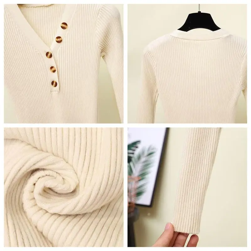 С v-образным вырезом зимний свитер для женщин Осенние плотные пуловеры с кнопками