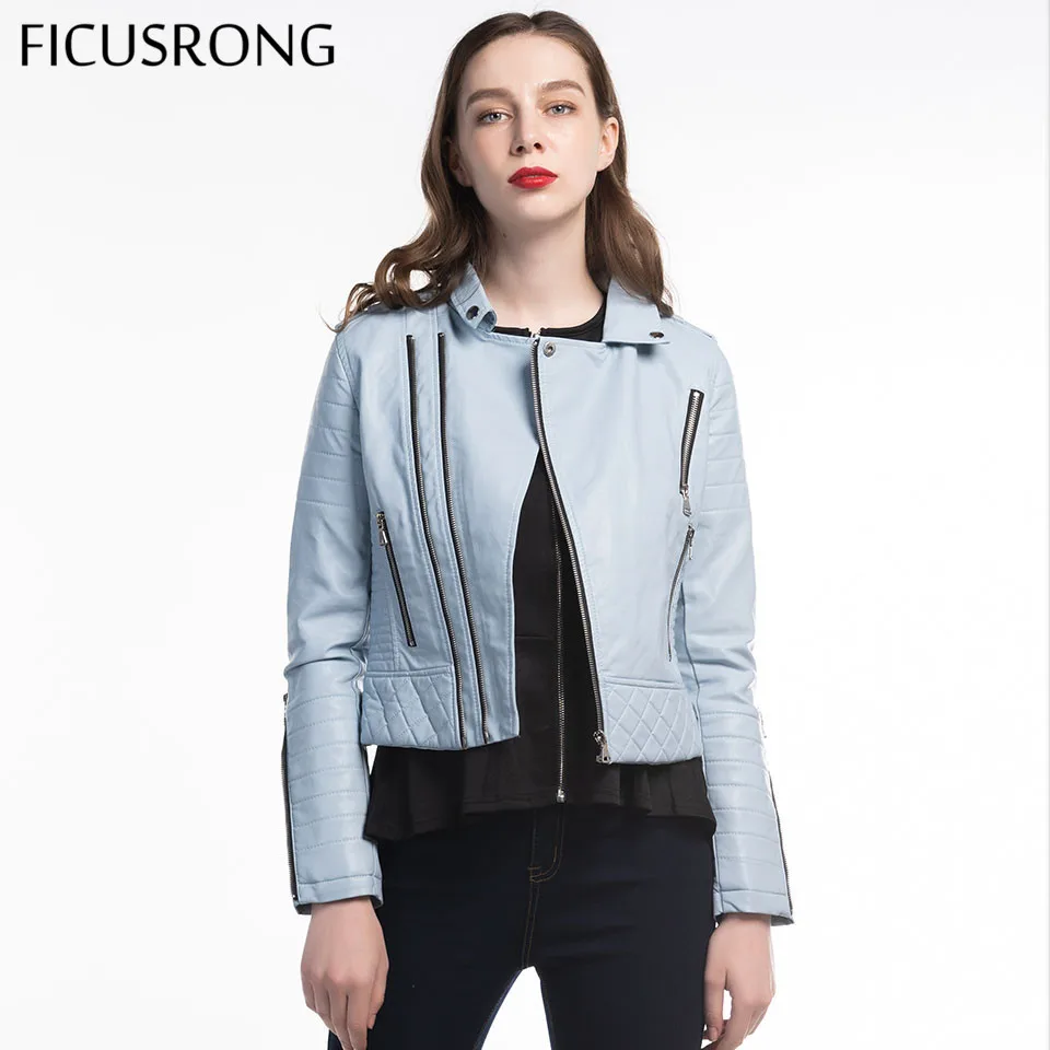 Женская куртка из мягкой искусственной кожи синяя мотоциклетная на молнии