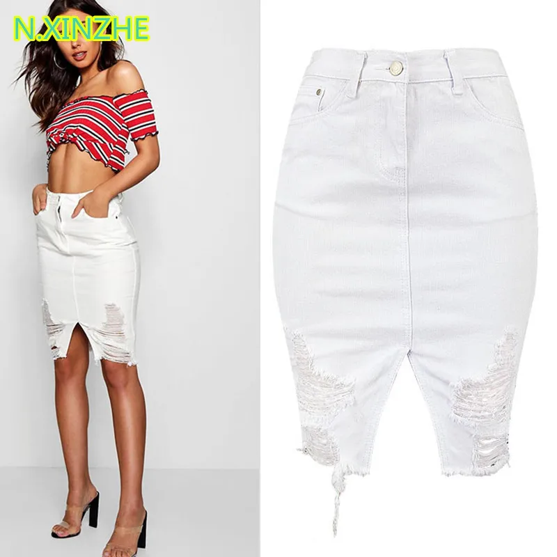 2018 women clothing high waist hole split solid washed denim pencil skirt Female street fashion slim jean skirts TOP321# | Женская