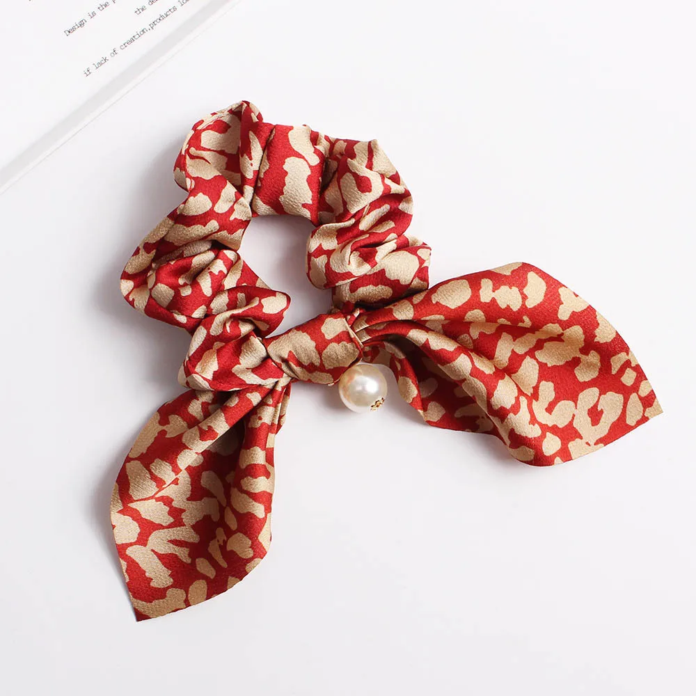 Leopard Red Элегантное жемчужное кольцо для волос для женщин и девушек, аксессуары для волос, эластичные резинки для волос с принтом, резинки для волос, конский хвост, банты, держатель для волос, веревка - Цвет: Leopard Red