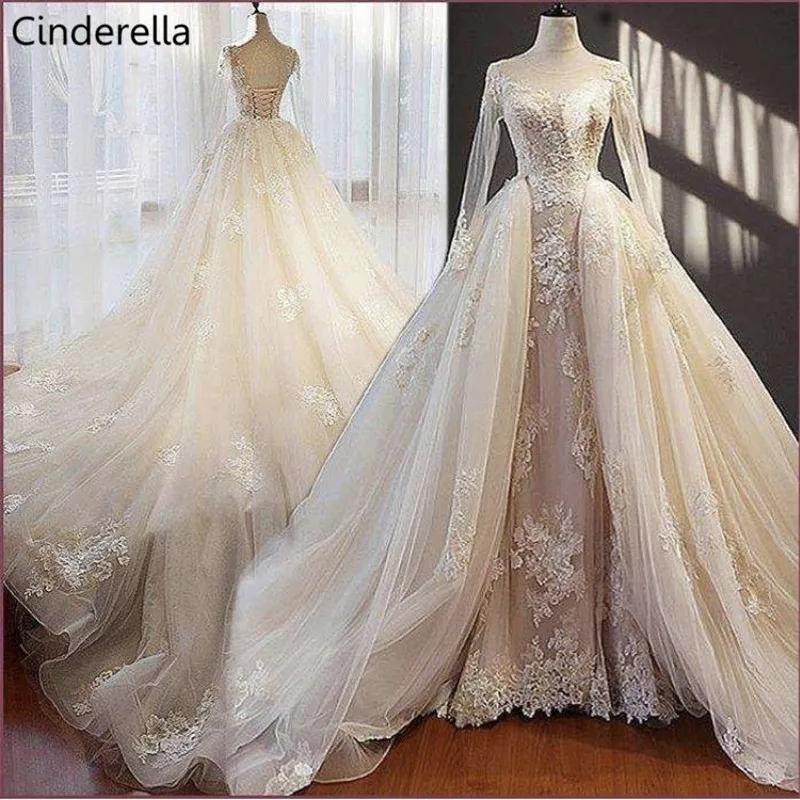 Золушка Совок с длинным рукавом длиной до пола со шлейфом трапециевидной формы