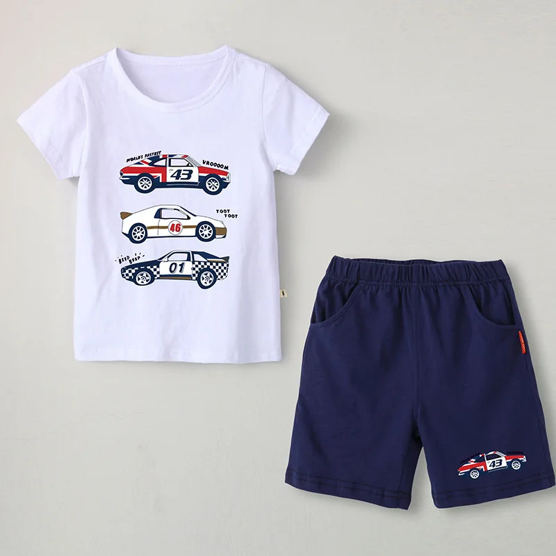 Summer New Kids Clothes Boys Cartoon Car Tops Short Sleeve T-shirt With Casual Shorts Tracksuit 2pcs Outfits Set |