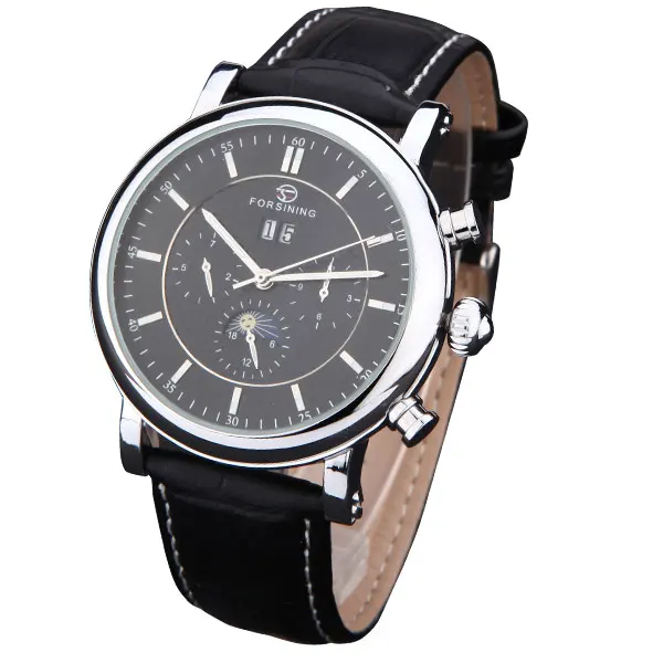 silver black FORSINING Популярные Модные мужские механические часы, мужские часы с кожаным ремешком, повседневные мужские наручные часы с автоматической датой, мужские часы - Цвет: silver black