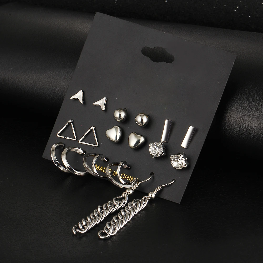 9 шт./компл. серьги гвоздики с кристаллами в форме сердца золотого цвета