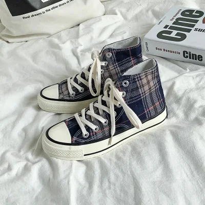 Navy blue high help Модная новинка; Мужская обувь; Мужская Вулканизированная обувь; Классическая Высокая парусиновая обувь в клетку; коллекция года; повседневная обувь унисекс; легкие кроссовки - Цвет: Navy blue high help