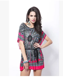 Summer new dress national printing large waist Bat Sleeve Silk Dress | Женская одежда