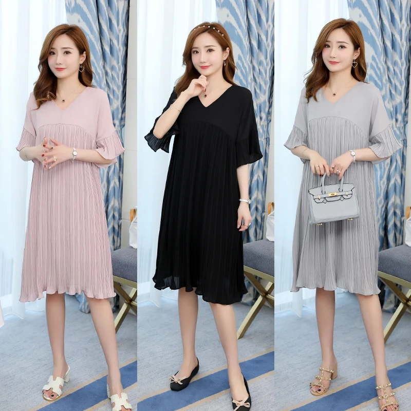 5305# 3XL V Neck Pleated Chiffon Maternity Dress 2019 Summer Korean Fashion Loose Clothes for Pregnant Women Pregnancy Clothing | Мать и - Фото №1