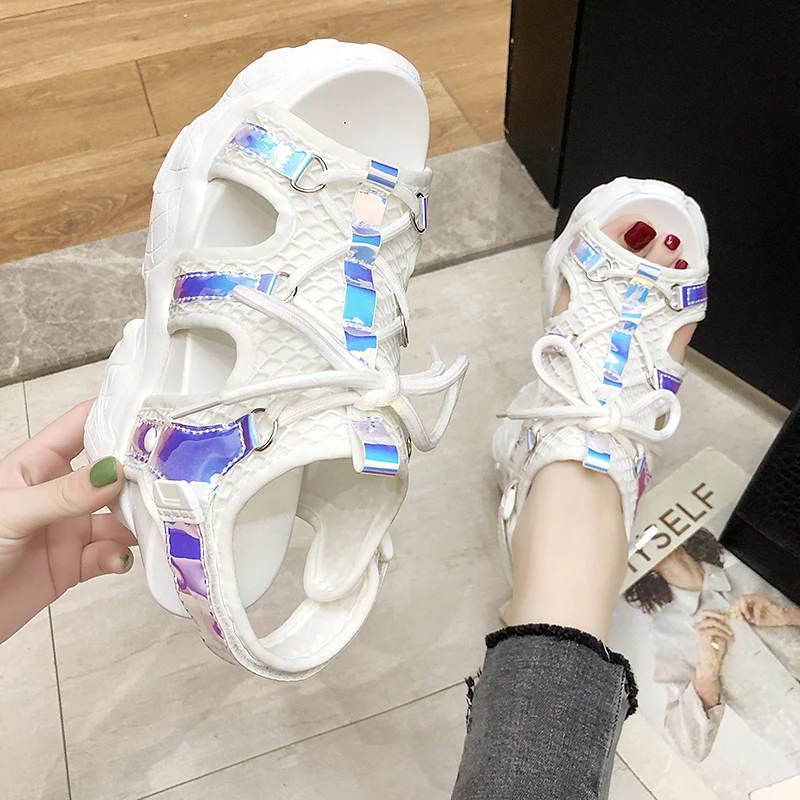 White Black Yellow Wedge Sandals Women 2019 Trendy Glitter Bling Height Increasing 10cm Peep Toe Summer Shoes | Обувь