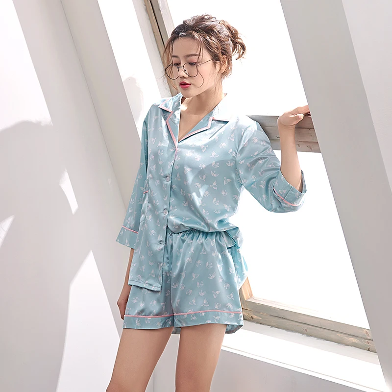 Женские шелковые атласные пижамные комплекты с цветочным принтом летняя