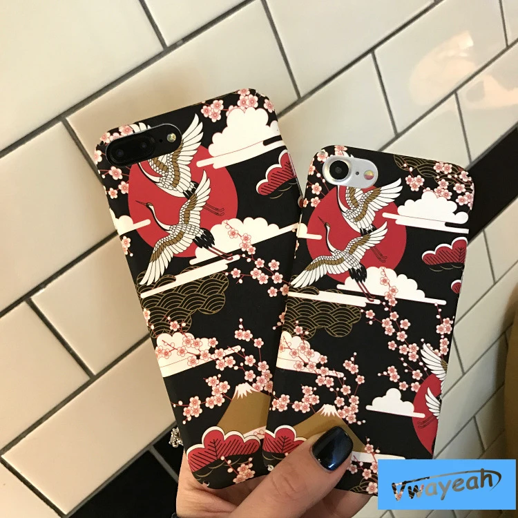 Ins Hot Japanese Style White Yellow Red-crowned Crane Pink Sakura Red Sun Rise Cloud Carton Animal Case For iPhone 6 6s 7 8 Plus | Мобильные