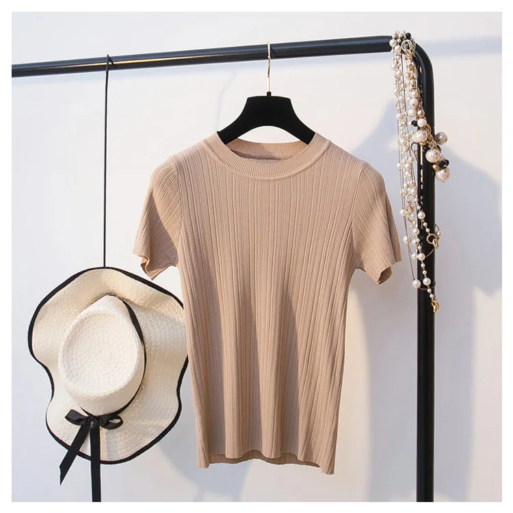 khaki GIGOGOU Новая Летняя женская футболка, Модная трикотажная футболка с коротким рукавом, топ с круглым вырезом, Женская Повседневная футболка - Цвет: khaki