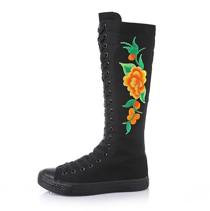 black yellow flower Женские высокие парусиновые сапоги с цветочной вышивкой; женские сапоги до колена на молнии сбоку; сезон весна-осень; Женская парусиновая обувь; кроссовки на плоской подошве - Цвет: black yellow flower