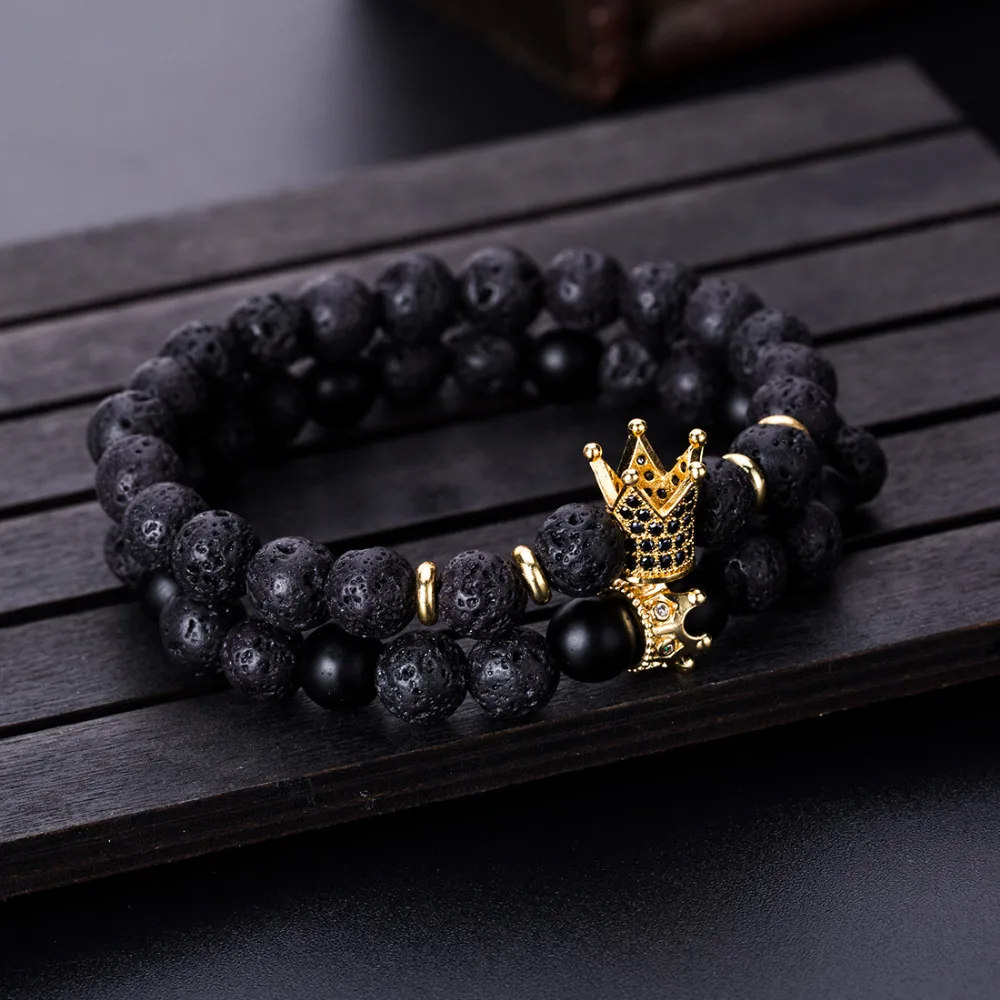 2 шт./компл. черного цвета в стиле «панк» Lave камень Empire Crown браслет набор Для мужчин ручной работы Натуральный камень браслет с бусинами для Для мужчин s, ювелирное изделие для пары