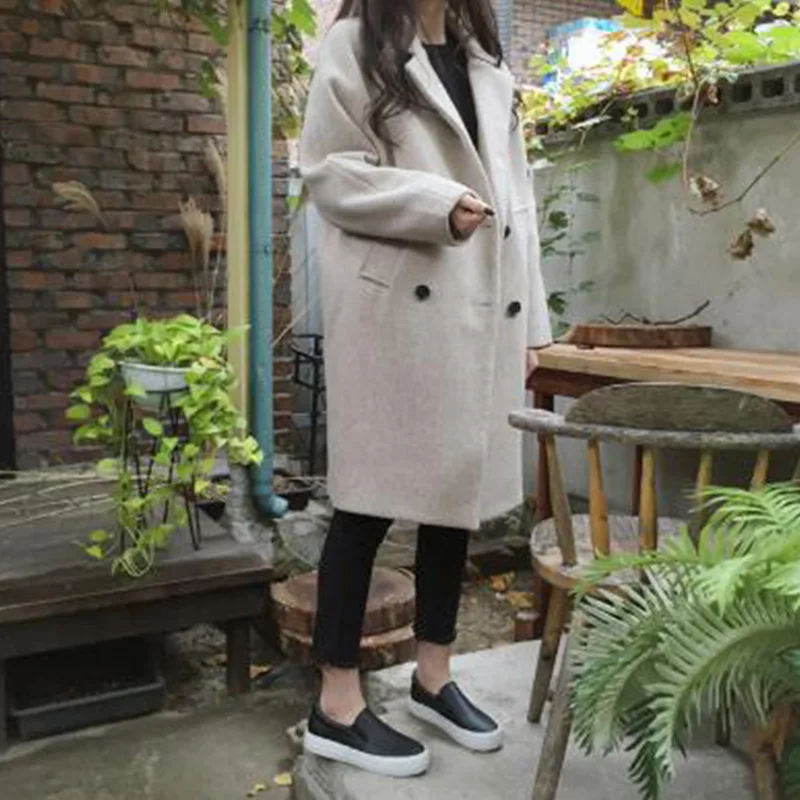 Женское двубортное пальто однотонное с длинным рукавом и карманами 2019 | Женская