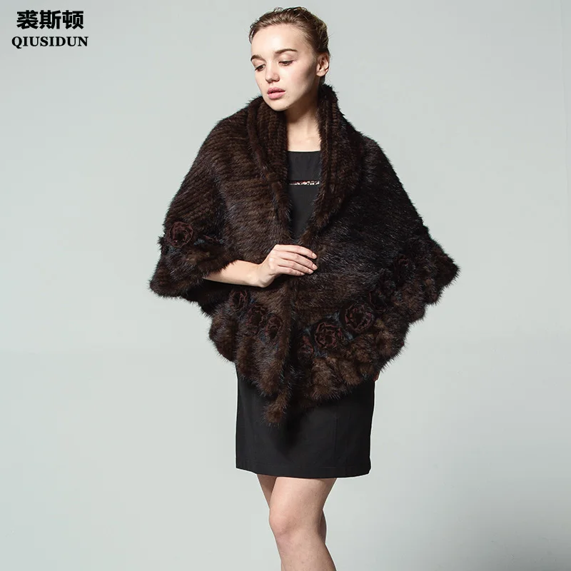

QIUSIDUN Knitting Mink Fur Poncho Shawl Mink Shawls Coat Winter Woman Flower Fashion Shawl Russian women Warm Lapel Wavy edge