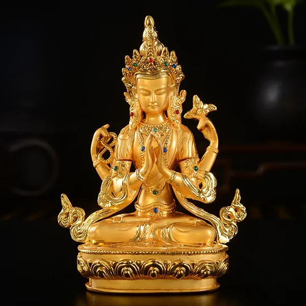 

Горячая Распродажа домашний офисный талисман защита дома # позолоченная латунная тибетская буддистская четырехвооруженная статуя Avalokitesvara...