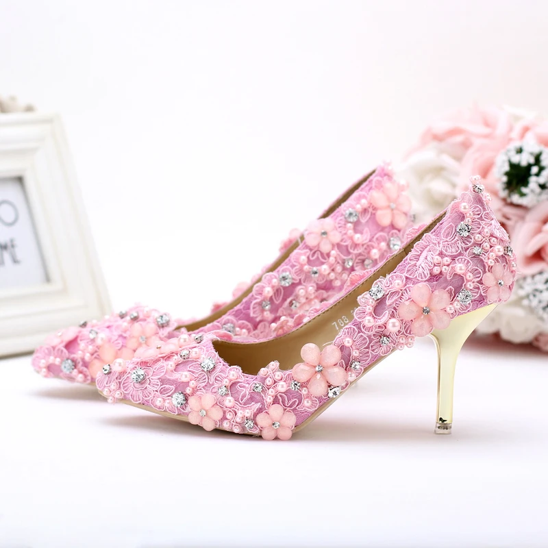 Туфли женские свадебные на высоком каблуке с острым носком и жемчугом | Обувь
