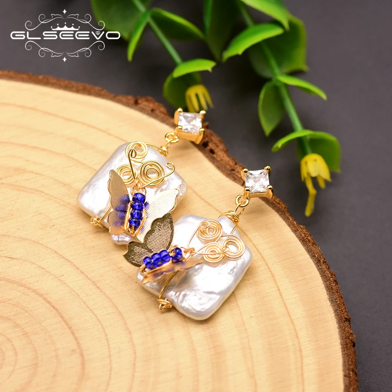 GLSEEVO натуральный пресноводный жемчуг квадратный висячие серьги подвески с