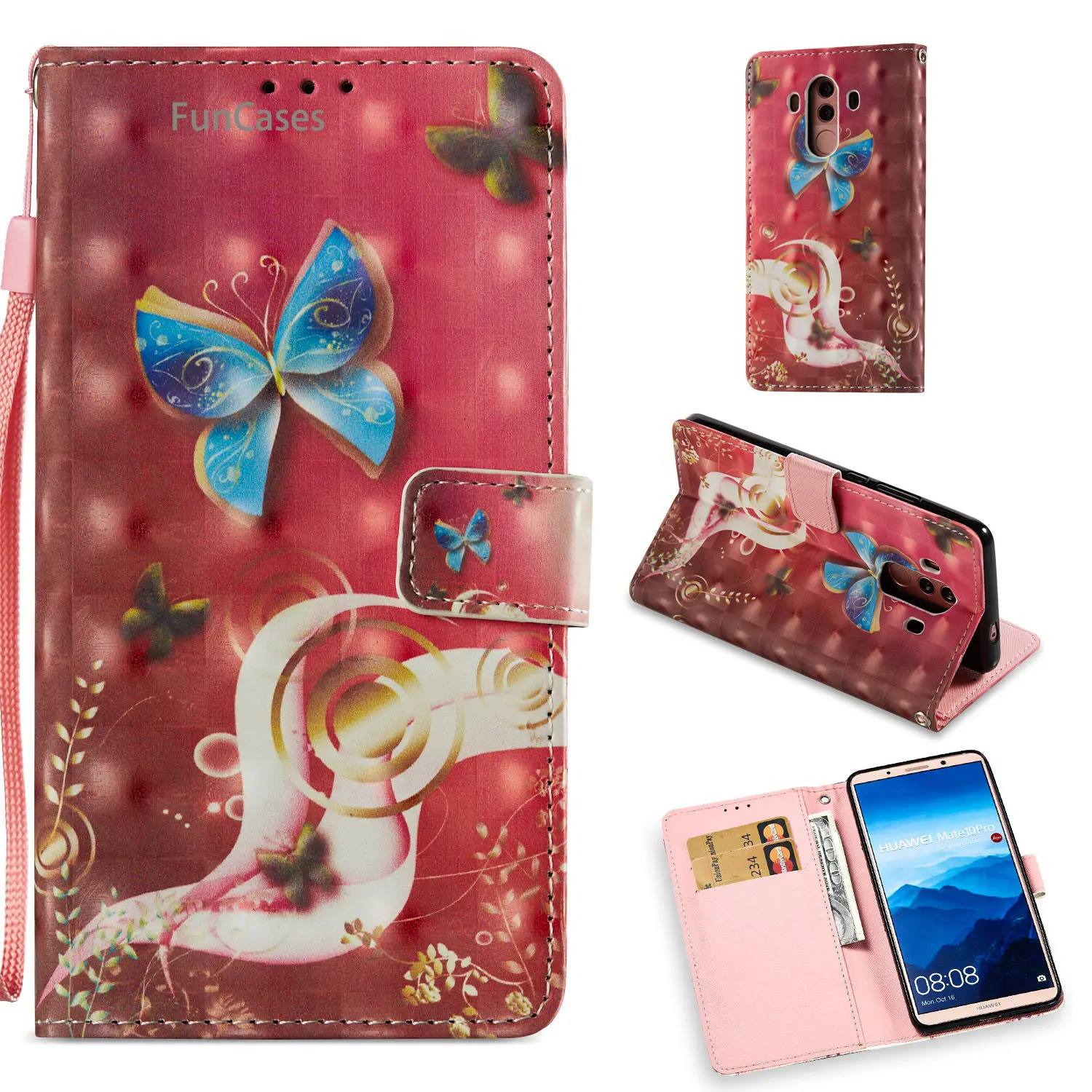 3D Blue Butterfly флип чехол для телефона СПС покрытие huawei Коврики 10 Pro кронштейн случае