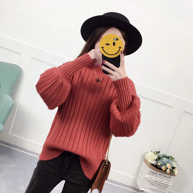 2018 New Korean loose hedging women knit shirts Half-high collar lantern sleeves fashion autumn winter Sweater primerTW016 | Женская