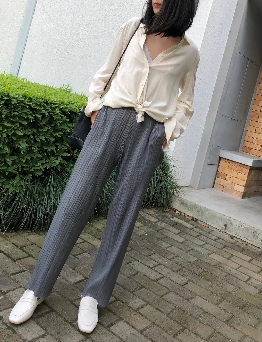 Gray Changpleat новые базовые женские прямые брюки Miyak плиссированный однотонный эластичный пояс, карманы простые женские брюки модные - Цвет: Gray