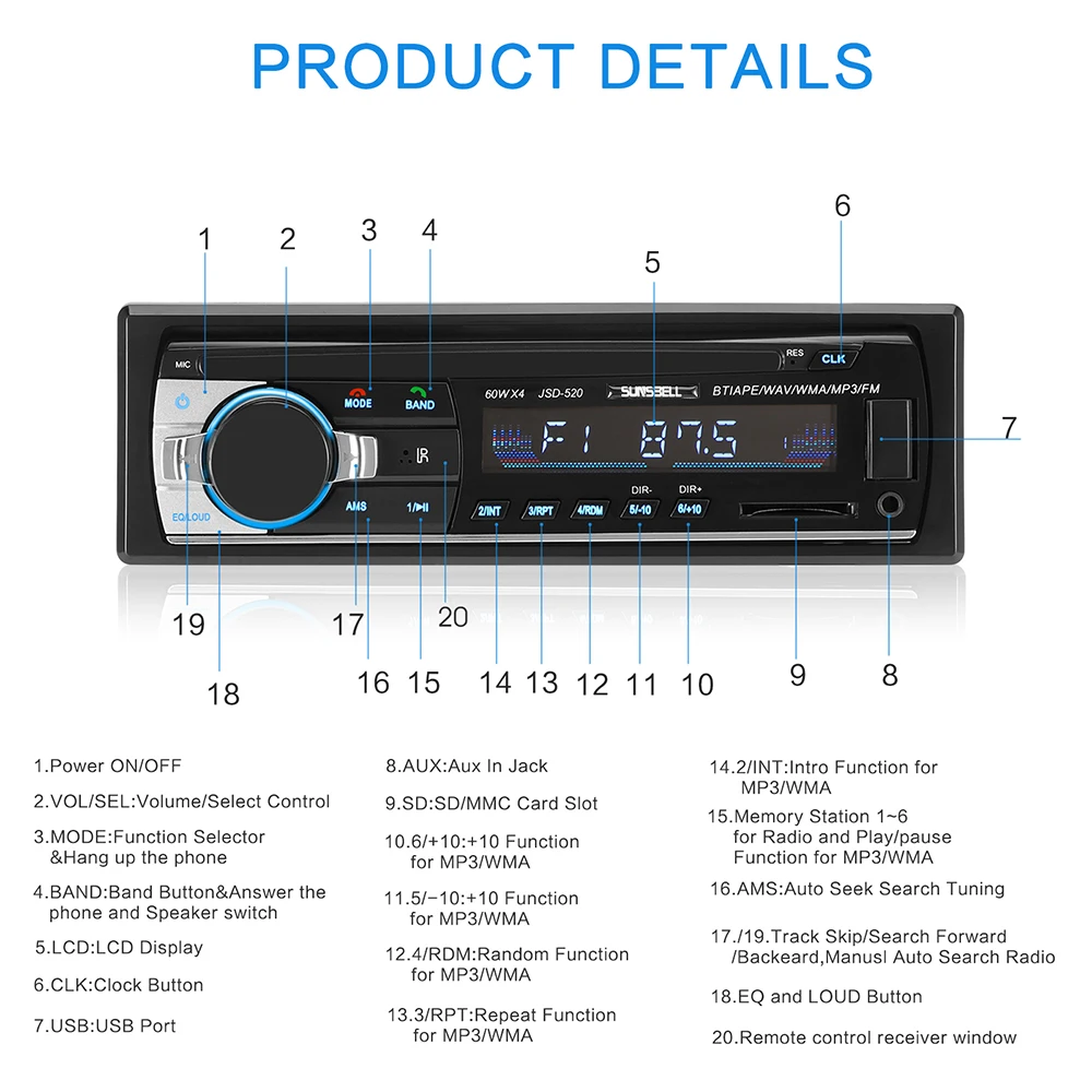 60WX4 автомобильное радио 12 в Bluetooth V2.0 аудио стерео в-тире 1 Din FM Aux вход приемник SD USB