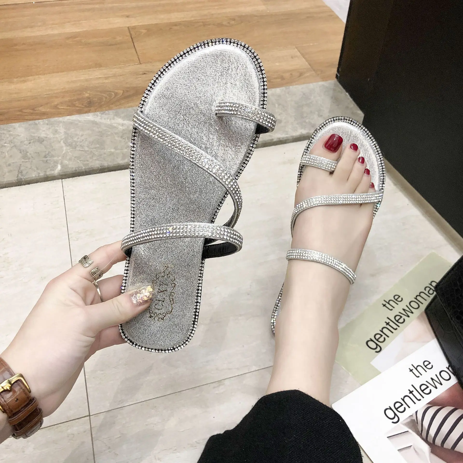 Clip toe slippers crystal summer shoes woman flats narrow band slides brief casual anti-skid beach flipflops femme zapatos mujer | Обувь