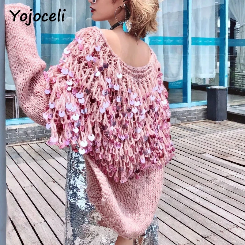 Yojoceli chic 2018 осень witner Блестки bling вязаный свитер Открыть стежка ручной работы