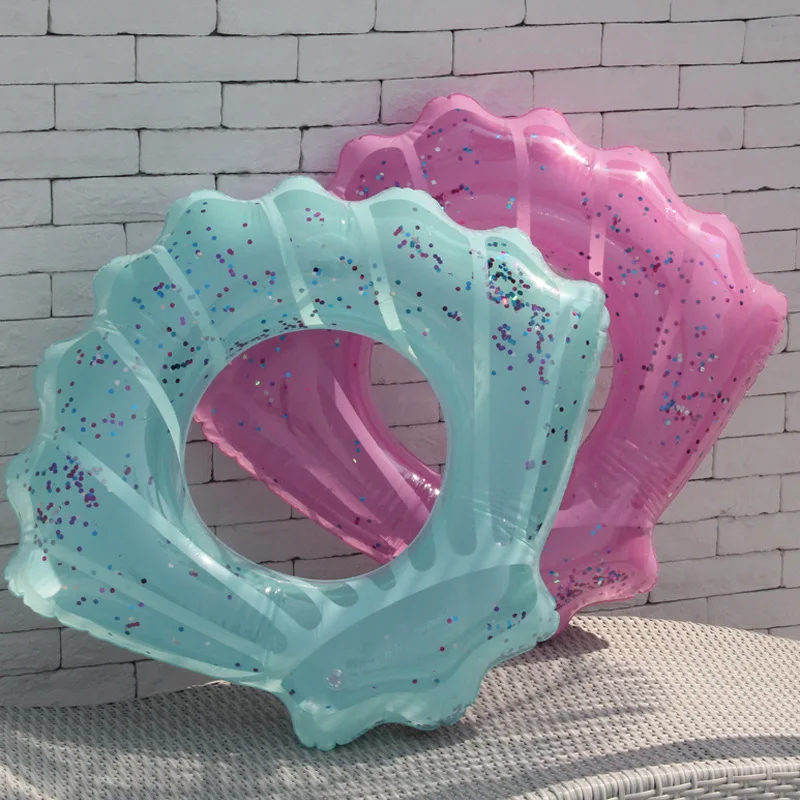 

80cm/90cm/110cm Blue Pink Shell Swimming Ring With Colorful Glitters Inside 2018 Inflatable Pool Float Summer Party Fun Toy boia