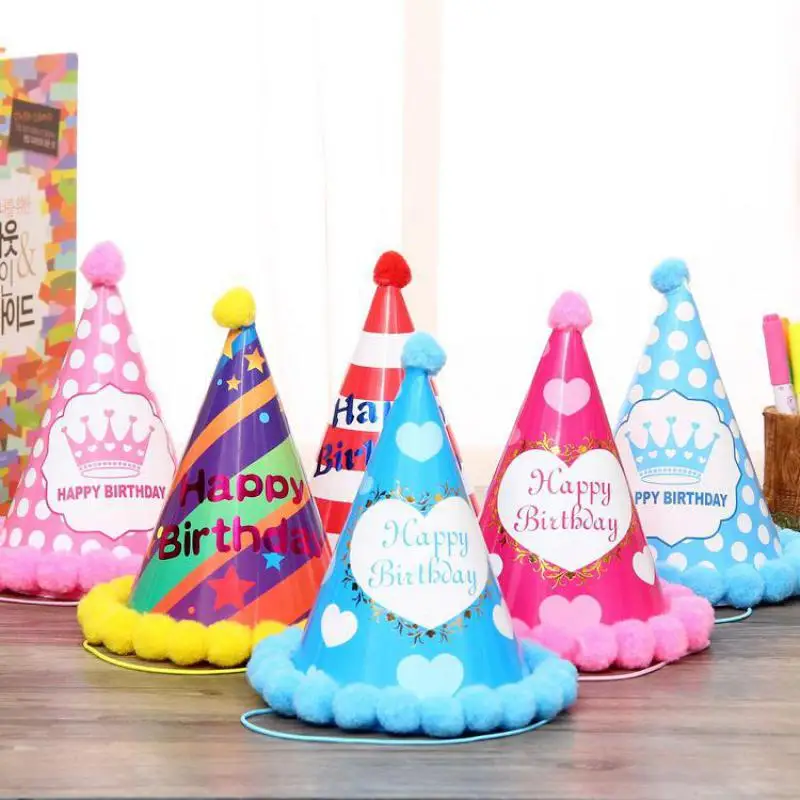 

30pcs Hairball Birthday Party Hat Girls Boys Prinses Birthday Party Xmas Supplies Decor Colorful Party Cap Paper Crown Tocados