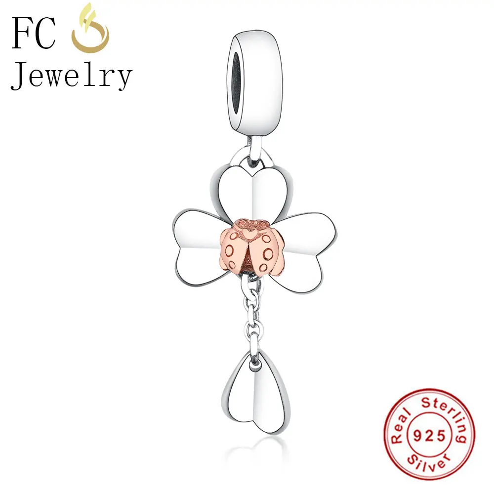 FCJ1067 FC ювелирные изделия подходят Pandora браслет из стерлингового серебра 925 пробы Клевер розовое золото Божья коровка Прозрачный Кристалл бисера делая Berloque - Цвет: FCJ1067
