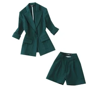 womens suit 2020 spring and summer new large size dark green 7 points sleeve small suit wide leg shorts thin linen two piece