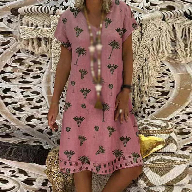 

2019 Fashion Women Oversized Short Sleeve Leaf Printed Summer V-Neck Loose Dress