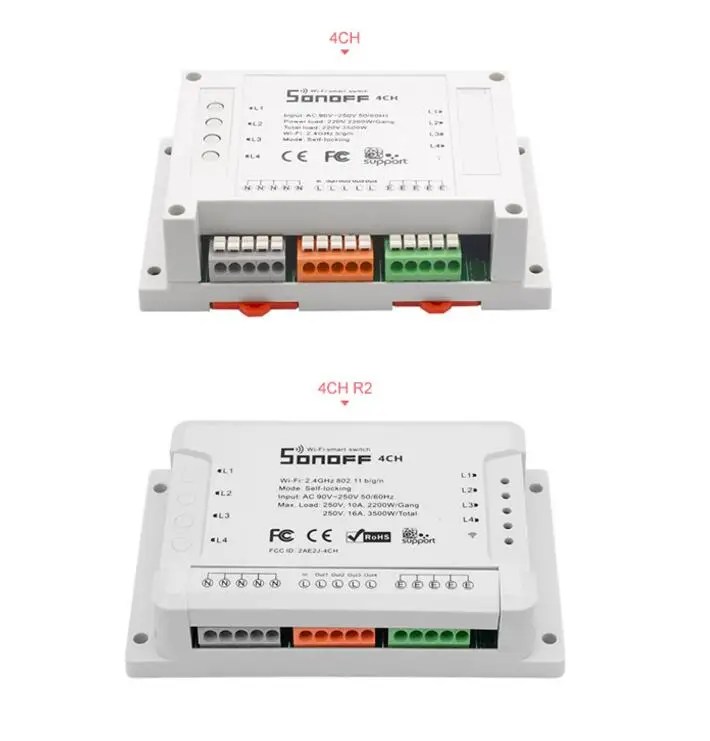 Sonoff 4CH R2, Модуль Автоматизации умного дома на din-рейке, беспроводной WiFi Пульт дистанционного управления, умный переключатель, работает с Alexa Google