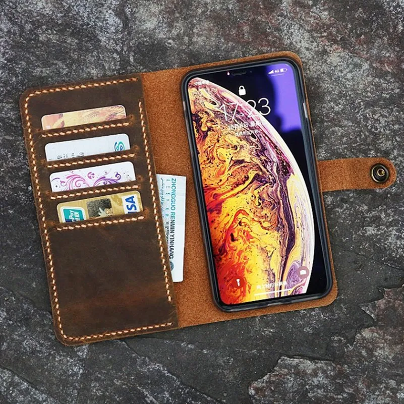 Персонализированный кожаный чехол кошелек для телефона iPhone XS XR из потертой кожи