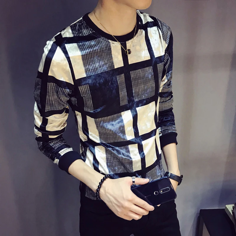 

2019 Autumn Luxury Men Velour T Shirt Lattice Printing T Shirt Homme Club Outfit Men Slim Fit Long Sleeve O Neck Velvet T Shirt