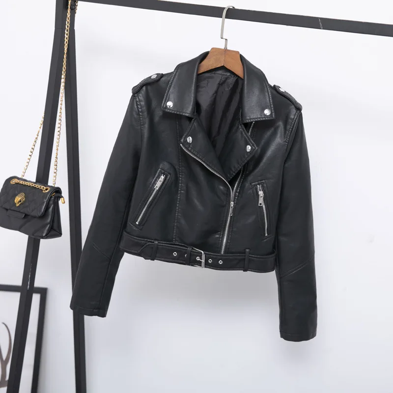 

2019 Motorcycle Faux Pu Leather Jacket Women Fashion Turn-down Collar Zipper Female Leather Jacket Spring Autumn Biker Jackets